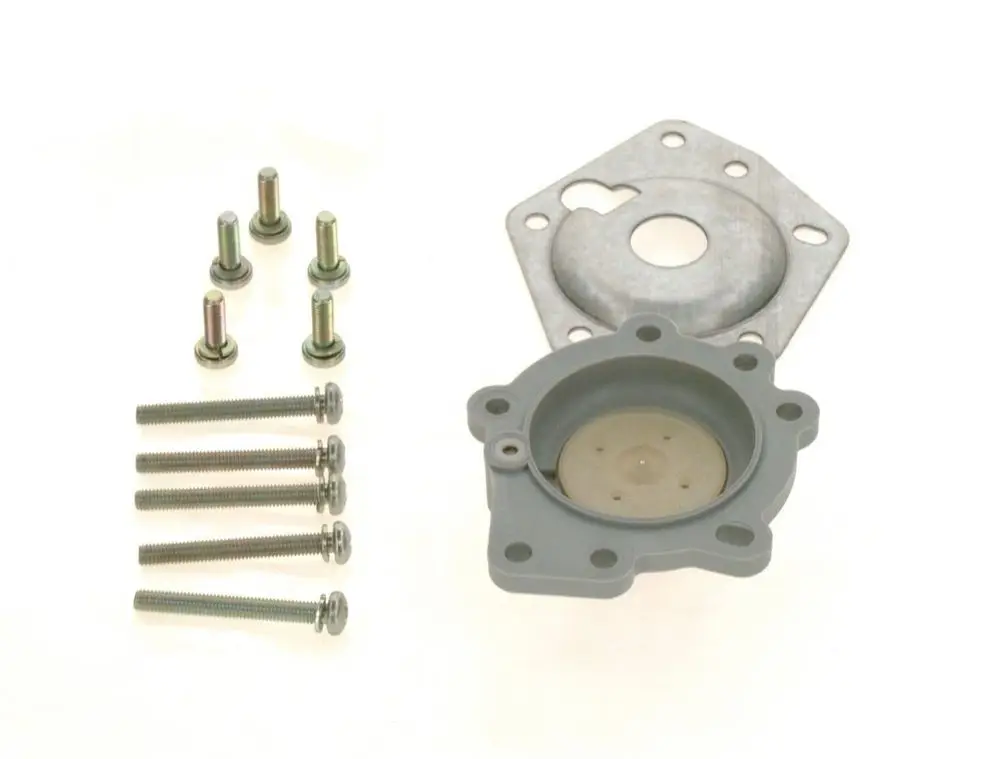 Bosch-Produkt bestehend aus einem grauen Deckel, einem Metallflansch und mehreren Schrauben in unterschiedlichen Größen, angeordnet auf einem hellen Hintergrund.